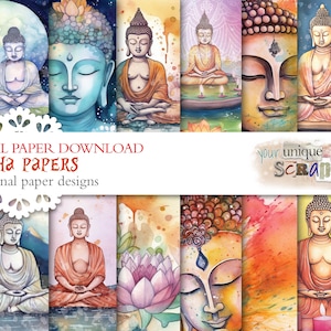 Könnte beinhalten: Ein digitales Papierpaket mit 12 Originaldesigns mit Aquarell-Illustrationen von Buddha. Die Designs sind perfekt für Scrapbooking, Kartenherstellung und andere Papierarbeiten.