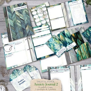 Pode incluir: Pacote de papel digital imprimível para um diário de ansiedade. O pacote inclui 16 papéis, 4 etiquetas, 1 envelope e 3 bolsos. Os papéis apresentam um design de aquarela verde e azul com um padrão de folhas. O texto "Anxiety Journal 2" está impresso na parte inferior da imagem.