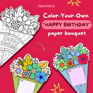 Ramo de papel para colorear de cumpleaños imprimible, hoja de actividades para niños de descarga instantánea, flor para colorear DIY con letra, regalo de cumpleaños