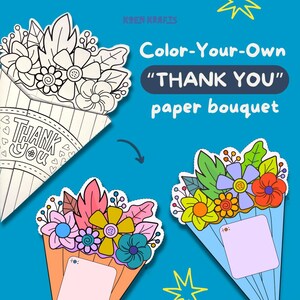 Ramo de papel para colorear imprimible con letra, hoja de actividades para niños de interior de descarga instantánea, flor para colorear DIY, regalo de agradecimiento para estudiantes
