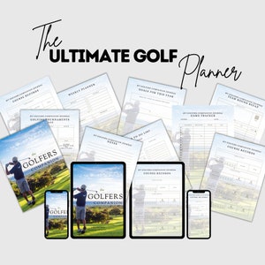 Könnte beinhalten: Eine Sammlung von druckbaren Golf-Planerseiten, darunter ein Wochenplaner, eine To-Do-Liste, ein Spieltracker, eine Team-Runden-Zusammenfassung und Kursaufzeichnungen. Die Seiten sind in einem blau-weißen Farbschema gestaltet und zeigen eine Silhouette eines Golfers.