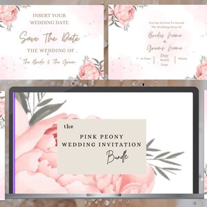 Bruiloft uitnodiging bundel-GRATIS Save the Date, RSVP & bedankkaarten, briefpapiersjablonen, roze pioenroos, pdf, digitale download