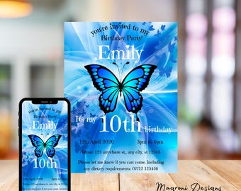 Personalized Blue Butterfly Birthday Invitation (Digital Download)