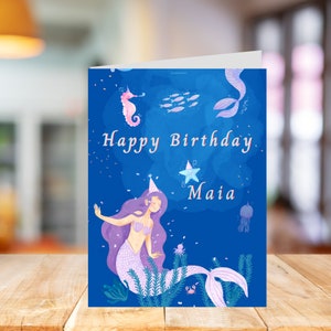 Modèle de carte d'anniversaire sirène modifiable, téléchargement numérique, carte d'anniversaire instantanée, imprimable, il suffit d'ajouter la personnalisation et l'impression, mer01