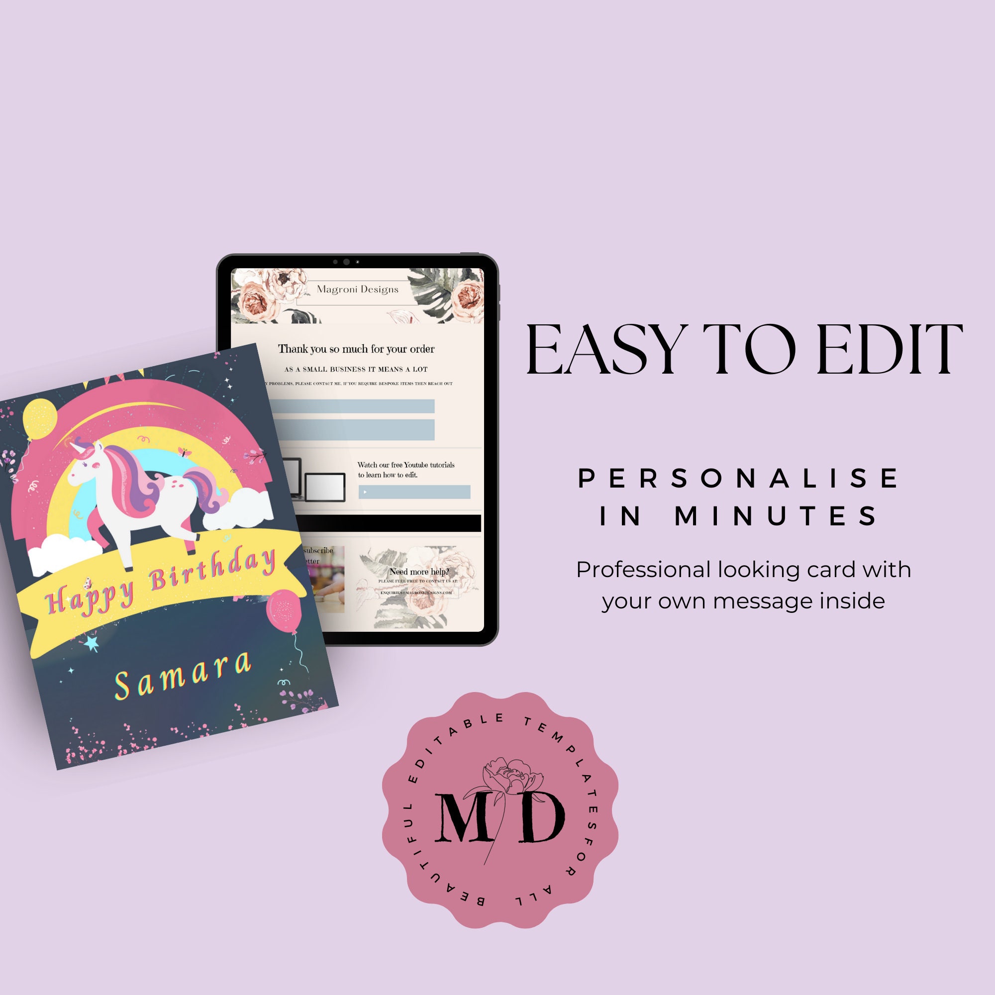 EDITABLE Rainbow Unicorn Birthday Card Template, DIGITAL DOWNLOAD, Instantly Printable Birthday ...