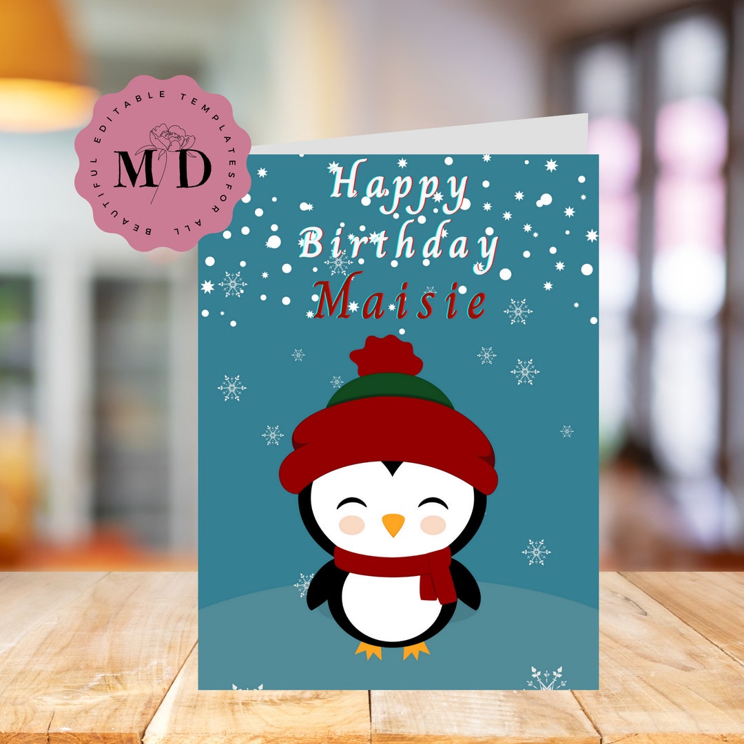 EDITABLE Penguin Birthday Card Template, DIGITAL DOWNLOAD, Instant