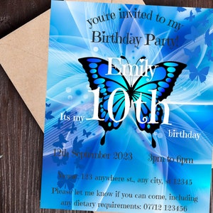 Invito festa di compleanno farfalla blu PERSONALIZZATO, DOWNLOAD DIGITALE, modello modificabile istantaneamente, pdf personalizzato, invito stampabile, but01