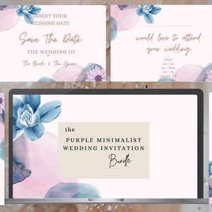 Bruiloft uitnodiging bundel-GRATIS Save the Date, RSVP & bedankkaarten, briefpapiersjablonen, paarse bloemen minimalistisch, pdf, digitale download