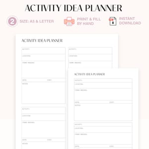 Planificador de ideas de actividades imprimible, tamaño carta y papel A5, planificador de actividades familiares
