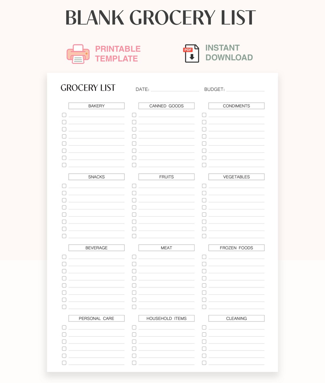 Printable Grocery List Blank Grocery List Instant Download - Etsy