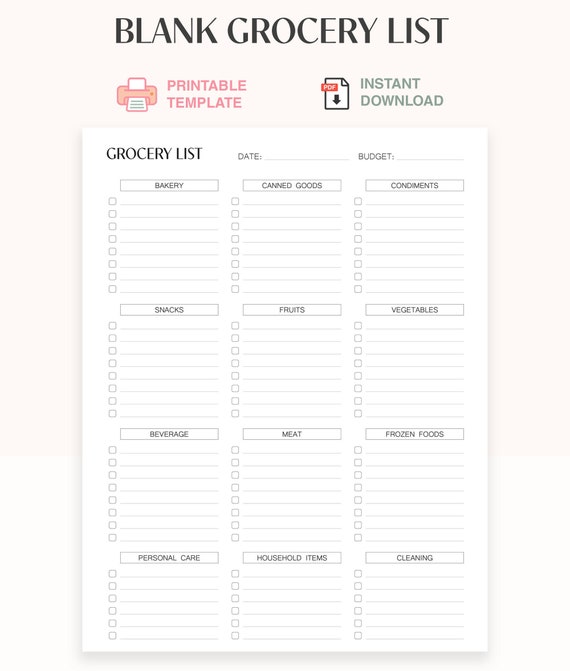 Printable Grocery List Blank Grocery List Instant Download - Etsy
