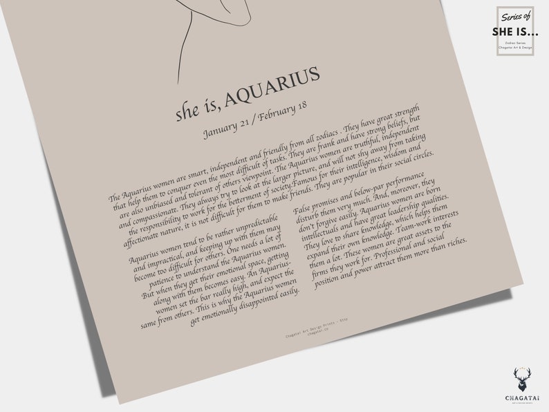 Boho style Aquarius Poster with line art. This Aquarius poster is available as a digital download, so you can easily print it out at home and display it in your favorite frame. gift for any Aquarius woman in your life who loves unique decor