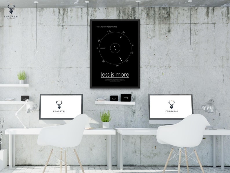 Dieter Rams Less is More Poster is Apple Design UX Design Poster! This graphic design poster features the iconic Braun design of Dieter Rams, combined with the sleek and modern Apple design aesthetic.