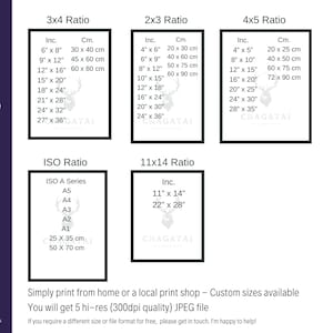 K&ouml;nnte beinhalten: Eine Tabelle mit verschiedenen Druckgr&ouml;&szlig;en in Zoll und Zentimetern f&uuml;r die Verh&auml;ltnisse 3x4, 2x3, 4x5, ISO und 11x14. Die Tabelle enth&auml;lt auch den Text "Chagatai Printable Design & Art" und "Secure Payments".