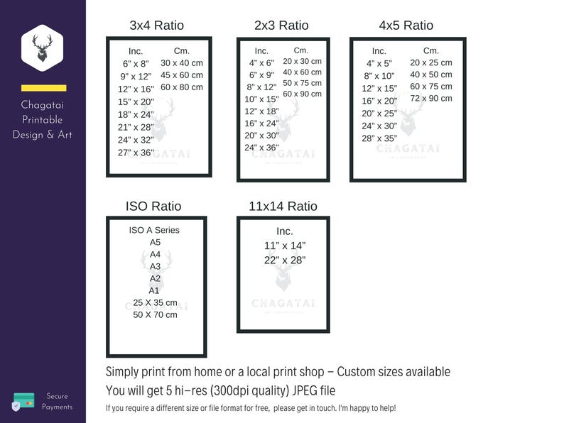 K&ouml;nnte beinhalten: Eine Tabelle mit verschiedenen Druckgr&ouml;&szlig;en in Zoll und Zentimetern f&uuml;r die Verh&auml;ltnisse 3x4, 2x3, 4x5, ISO und 11x14. Die Tabelle enth&auml;lt auch den Text "Chagatai Printable Design & Art" und "Secure Payments".