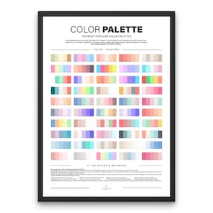 Op de afbeelding: Een kleurenpaletposter met een raster van 25 verschillende kleurenpaletten, elk met 5 tinten. De poster heeft de titel "Kleurenpalet: De populairste kleurenpaletten voor UI/UX-ontwerp en branding".