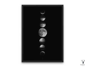 May include: A black and white image of the moon in different phases, arranged vertically in a row. The image is framed in a black frame.