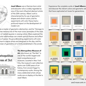 K&ouml;nnte beinhalten: Eine Schwarzwei&szlig;illustration des Metropolitan Museum of Art in New York City. Der Text "The Metropolitan Museum of Art" wird &uuml;ber der Illustration angezeigt. Der Text "Josef Albers" wird unter der Illustration angezeigt. Der Text "Erleben Sie die vollst&auml;ndigen Werke von Josef Albers in unserem Gesch&auml;ft und entdecken Sie die leuchtenden Farben und geometrischen Abstraktionen, die Kunstliebhaber seit Generationen in ihren Bann ziehen." wird &uuml;ber einem Raster von 12 bunten quadratischen Kunstdrucken angezeigt. Der Text "und weitere Kunstwerke in unserem Shop..." wird unter dem Raster der Kunstdrucke angezeigt.