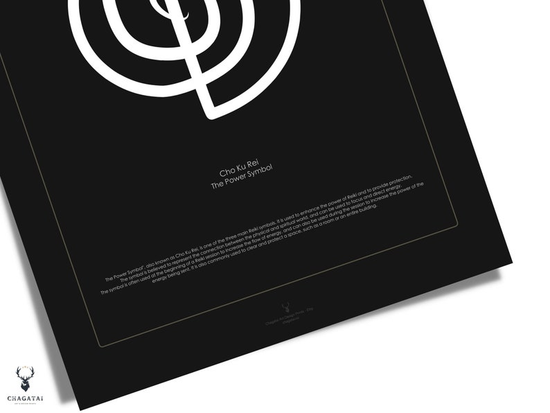 Detail of yoga poster depicting the Reiki power symbol Cho Ku Rei. The poster is designed for meditation and home decor. It is a perfect gift for those interested in Reiki and spirituality. The poster is printable and features other energy chakras.