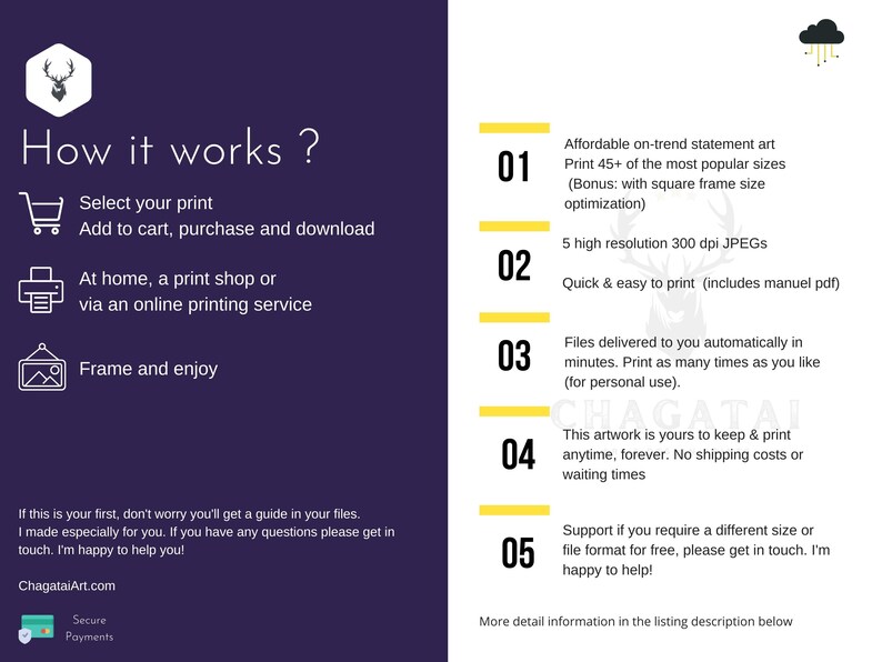 Pode incluir: Um gr&aacute;fico com fundo roxo e linhas amarelas que explicam como comprar e baixar impress&otilde;es de arte digitais. O texto inclui: "Como funciona?", "Selecione sua impress&atilde;o", "Adicione ao carrinho, compre e baixe", "Em casa, uma loja de impress&atilde;o ou atrav&eacute;s de um servi&ccedil;o de impress&atilde;o online", "Enquadre e aproveite", "Arte de declara&ccedil;&atilde;o de tend&ecirc;ncia acess&iacute;vel", "Imprima 45+ dos tamanhos mais populares", "(B&ocirc;nus: com otimiza&ccedil;&atilde;o de tamanho de moldura quadrada)", "5 JPEG de alta resolu&ccedil;&atilde;o 300 dpi", "R&aacute;pido e f&aacute;cil de imprimir (inclui pdf manual)", "Os arquivos s&atilde;o entregues a voc&ecirc; automaticamente em minutos. Imprima quantas vezes quiser (para uso pessoal).", "Esta obra de arte &eacute; sua para manter e imprimir a qualquer momento, para sempre. Sem custos de envio ou tempos de espera", "Suporte se voc&ecirc; precisar de um tamanho ou formato de arquivo diferente gratuitamente, entre em contato. Fico feliz em ajudar!" e "Mais informa&ccedil;&otilde;es detalhadas na descri&ccedil;&atilde;o do an&uacute;ncio abaixo".