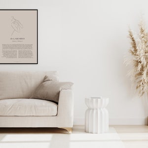 Wooden frame Boho style Aquarius Poster with line art. This Aquarius poster is available as a digital download, so you can easily print it out at home and display it in your favorite frame. gift for Aquarius woman in your life who loves decor