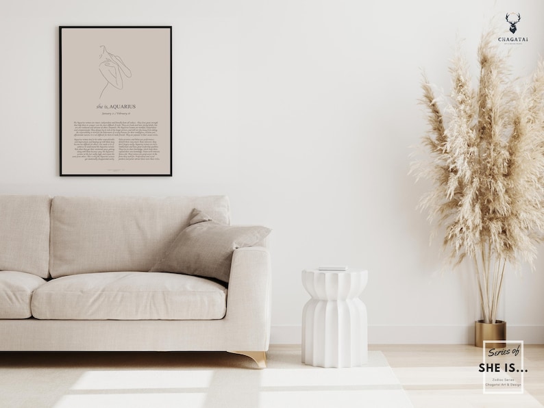 Wooden frame Boho style Aquarius Poster with line art. This Aquarius poster is available as a digital download, so you can easily print it out at home and display it in your favorite frame. gift for Aquarius woman in your life who loves decor