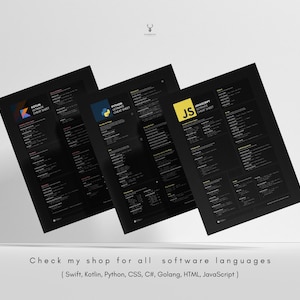 May include: Three black and white cheat sheets for coding languages. The cheat sheets are titled "Kotlin Ultimate Cheat Sheet", "Python Ultimate Cheat Sheet", and "JavaScript Ultimate Cheat Sheet".