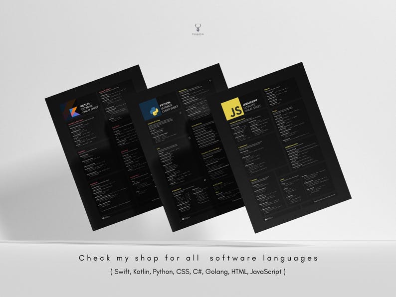 May include: Three black and white cheat sheets for coding languages. The cheat sheets are titled "Kotlin Ultimate Cheat Sheet", "Python Ultimate Cheat Sheet", and "JavaScript Ultimate Cheat Sheet".