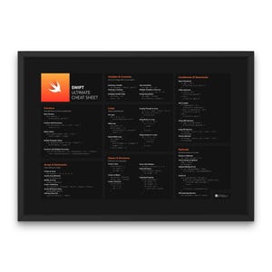 May include: A black and white cheat sheet with the title "Swift Ultimate Cheat Sheet" and a stylized orange bird logo. The cheat sheet includes code examples for Swift programming language concepts such as variables, loops, classes, and optionals.