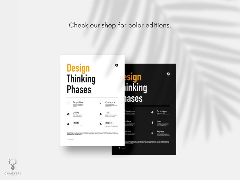May include: Two posters, one white and one black, with the text "Design Thinking Phases" and a list of six phases: Empathise, Define, Ideate, Prototype, Test, and Repeat.