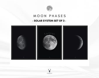 May include: A set of three black and white prints featuring different phases of the moon. The prints are titled "Moon Phases - Solar System Set of 3".