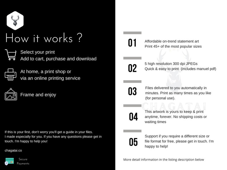 Op de afbeelding: Hoe het werkt: digitaal kunstwerk downloaden en afdrukken. Een witte achtergrond met zwarte tekst en pictogrammen. De tekst luidt "Hoe werkt het?" en somt vijf stappen op: 1. Selecteer uw afdruk, 2. Voeg toe aan winkelwagen, koop en download, 3. Thuis, een printshop of via een online printservice, 4. Inlijsten en genieten, 5. Ondersteuning als u een andere maat of bestandsindeling gratis nodig heeft, neem dan contact met ons op. Ik help je graag!"