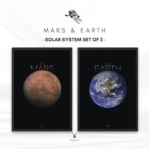 Puede incluir: Dos carteles enmarcados en negro con las palabras "The Mars" y "The Earth" en texto blanco. Los carteles muestran imágenes de los planetas Marte y Tierra.