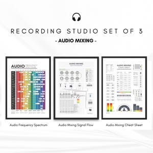 Opnamestudio Set van 3 Audiomixing, Frequentiespectrum, Signaalstroomschema Muziekstudio Posterbundel Geluidstechnicusset, Muziekstudio
