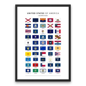 Póster de las banderas de los estados de EE. UU. Póster para el aula con las banderas de los estados de Estados Unidos de América Cuadro con todas las banderas de los estados de EE. UU. Póster imprimible con las 50 banderas de los estados de EE. UU.