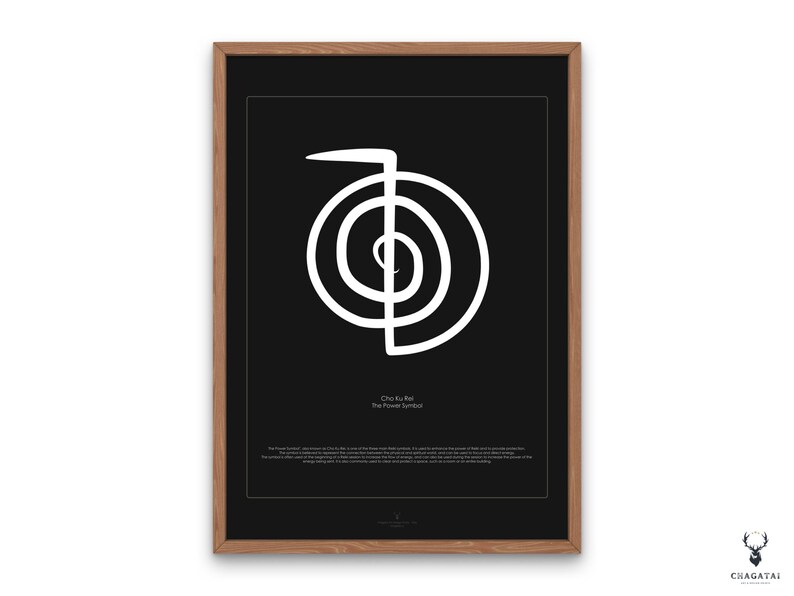 A yoga poster depicting the Reiki power symbol Cho Ku Rei. The poster is designed for meditation and home decor. It is a perfect gift for those interested in Reiki and spirituality. The poster is printable and features other energy chakras.