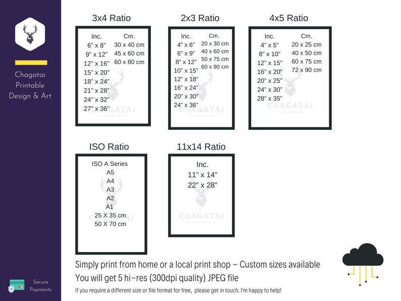 May include: A printable art design guide with different size ratios for printing. The ratios include 3x4, 2x3, 4x5, ISO, and 11x14. The sizes are listed in inches and centimetres. The text states that you will get 5 high-resolution JPEG files.