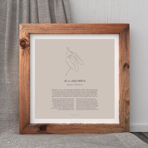 Square wooden frame Boho style Aquarius Poster with line art. This Aquarius poster is available as a digital download, so you can easily print it out at home and display it in your favorite frame. gift for Aquarius woman in your life who loves decor