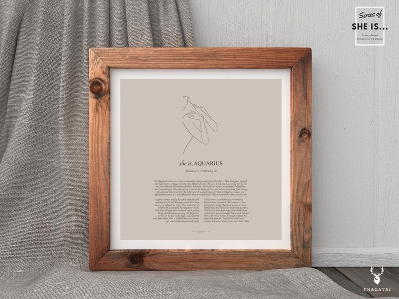 Square wooden frame Boho style Aquarius Poster with line art. This Aquarius poster is available as a digital download, so you can easily print it out at home and display it in your favorite frame. gift for Aquarius woman in your life who loves decor