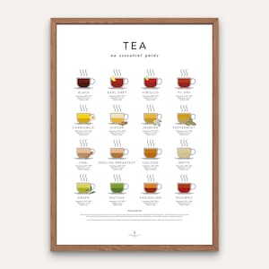 May include: A colorful infographic poster titled "TEA an essential guide" with illustrations of 16 different types of tea, including black, earl grey, hibiscus, pu erh, chamomile, ginger, jasmine, peppermint, chai, english breakfast, oolong, white, green, matcha, darjeeling, and rooibos.