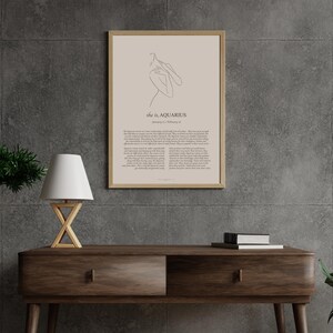 Wall Art wooden frame Boho style Aquarius Poster with line art.This Aquarius poster is available as a digital download, so you can easily print it out at home and display it in your favorite frame. gift for Aquarius woman in your life who loves decor