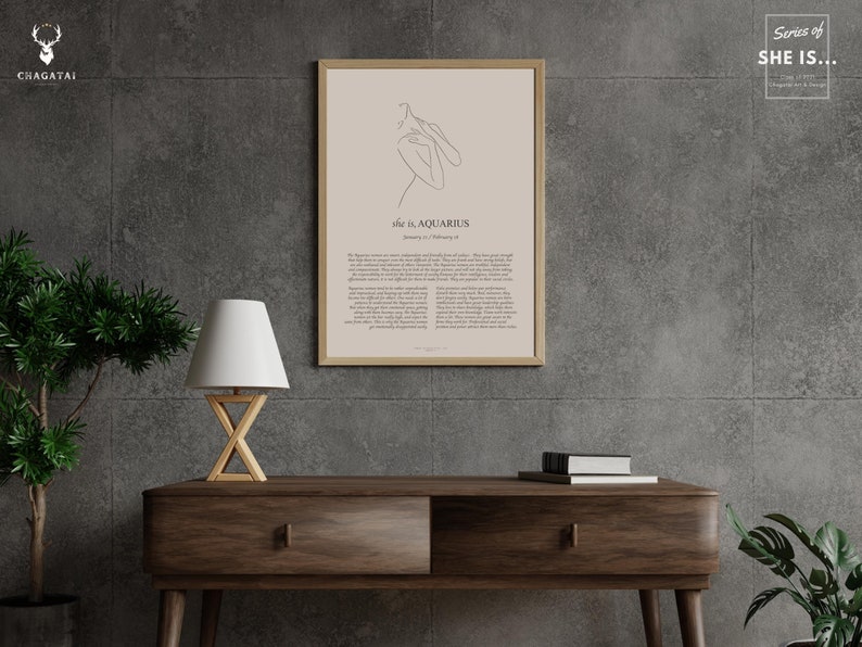 Wall Art wooden frame Boho style Aquarius Poster with line art.This Aquarius poster is available as a digital download, so you can easily print it out at home and display it in your favorite frame. gift for Aquarius woman in your life who loves decor