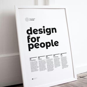 Dieter Rams UX Design Principles Poster. Designed for people, it is the perfect tool for any UX designer, presented in a captivating format. A perfect gift for any designer. This printable poster is white background and black texts with white frame.