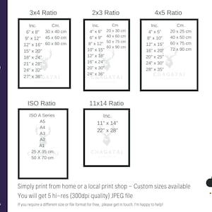 May include: A printable art design guide with different size ratios for printing. The ratios include 3x4, 2x3, 4x5, ISO, and 11x14. The sizes are listed in inches and centimeters. The text states that you will get 5 high-resolution JPEG files.