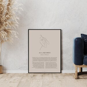 May include: A minimalist line art print of a woman with the text "She is... Aquarius" and a description of the astrological sign Aquarius.