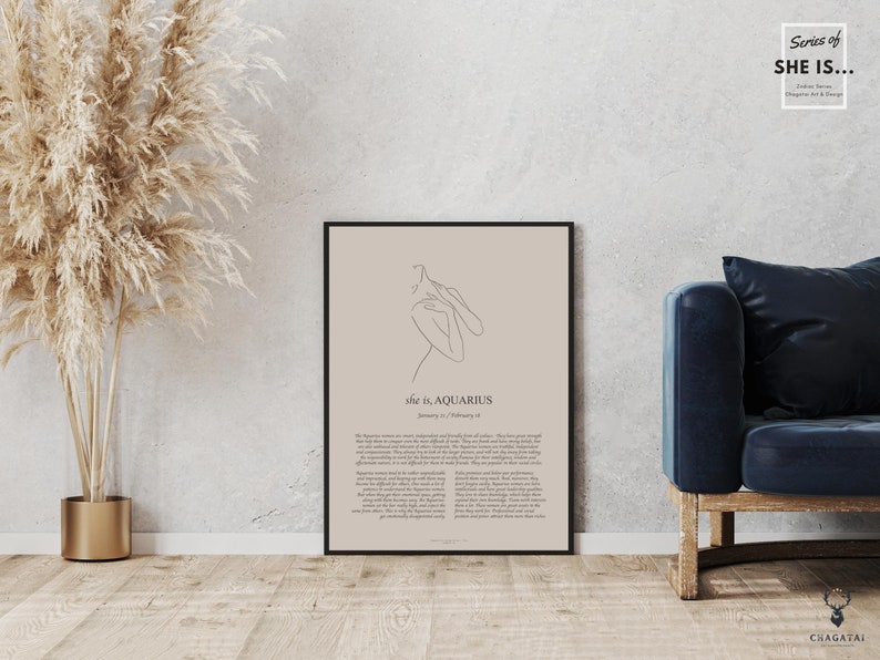 May include: A minimalist line art print of a woman with the text "She is... Aquarius" and a description of the astrological sign Aquarius.