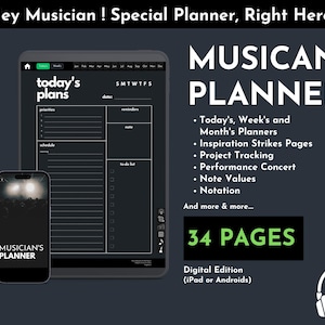May include: A digital planner for musicians with a black and white design. The planner includes sections for today's, week's, and month's plans, inspiration strikes, project tracking, performance concert notes, note values, and notation. The planner is available in a digital edition for iPad or Android devices. The planner has 34 pages.