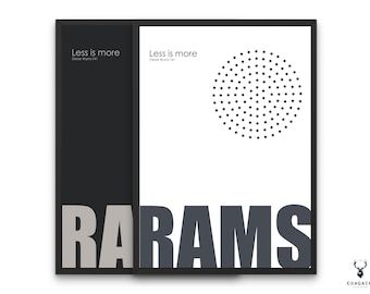Op de afbeelding: Een zwart-witte poster met de tekst "Less is more" en het woord "RAMS" in grote, vetgedrukte, grijze letters. De poster heeft een zwart-wit cirkelpatroon.