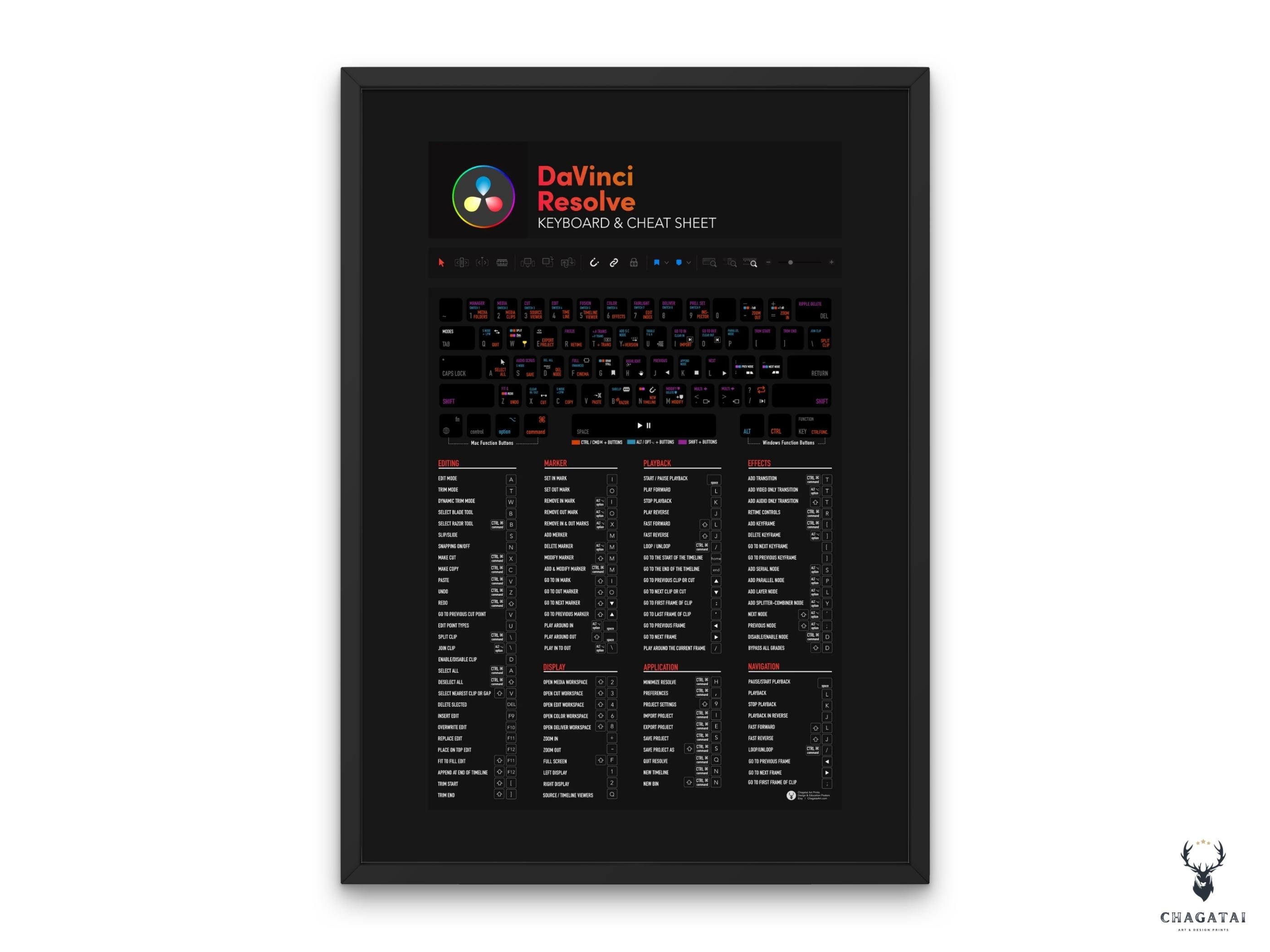 DaVinci Shortcuts Poster DaVinci Resolve Cheatsheet DaVinci Resolve Hotkeys DaVinci Resolve Editing Tips DaVinci Workflow Keyboard Tips