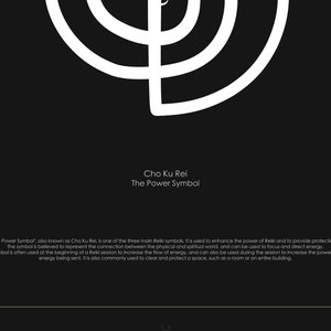 Detail of yoga poster depicting the Reiki power symbol Cho Ku Rei. The poster is designed for meditation and home decor. It is a perfect gift for those interested in Reiki and spirituality. The poster is printable and features other energy chakras.